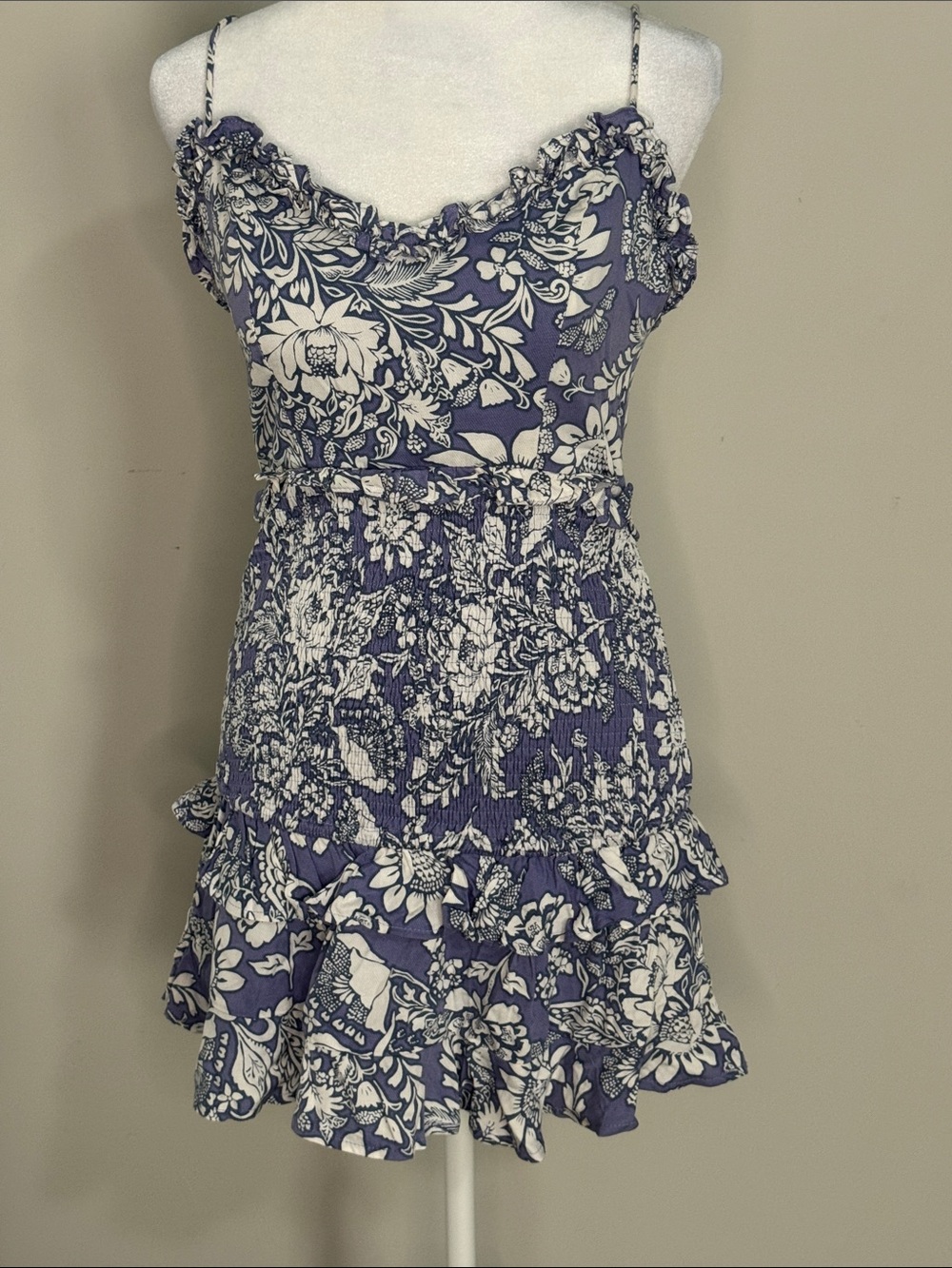 Hello Molly Indigo and White Floral Smocked Ruffle Mini Dress